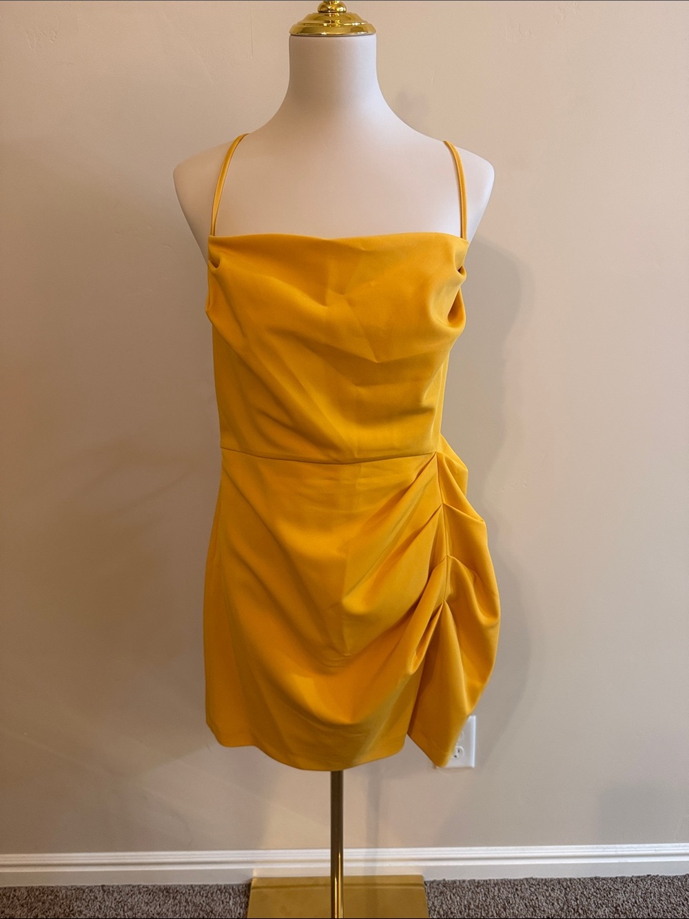 Gianni Bini Mustard Yellow Ruched Mini Dress with Spaghetti Straps